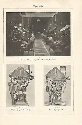 LAMINA ESPASA 30691: Seccion de linotypes de La Vanguardia en Barcelona