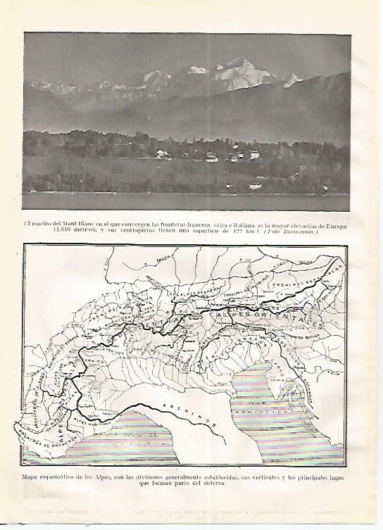 LAMINA GEOGRAFIA 0283: El Montblanc y mapa esquematico de los Alpes