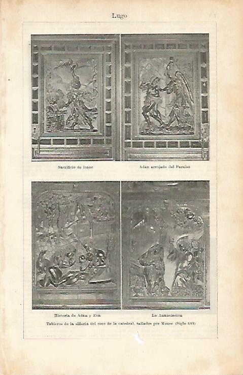 LAMINA ESPASA 1810: Tableros de la silleria de la Catedral de Lugo