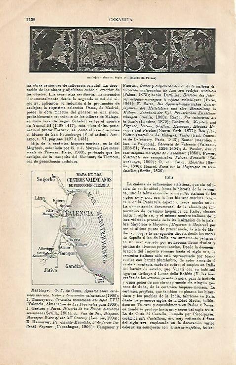 LAMINA ESPASA 2914: Mapa de Valencia de los centros de produccion de ceramica