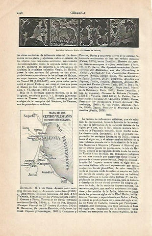 LAMINA ESPASA 2914: Mapa de Valencia de los centros de produccion de ceramica