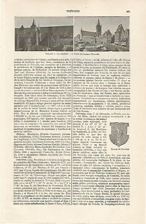 LAMINA ESPASA 20384: Catedral plaza y escudo de Treveris Alemania