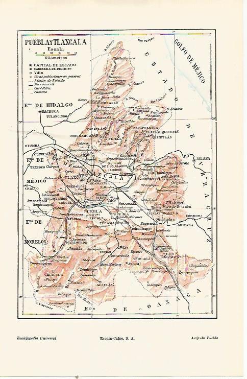 LAMINA ESPASA 23011: Mapa de Puebla y Tlaxcala Mejico