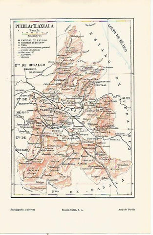LAMINA ESPASA 23011: Mapa de Puebla y Tlaxcala Mejico