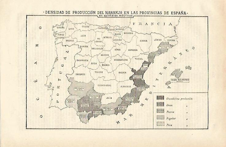 LAMINA ESPASA 24668: Mapa de España de produccion de naranjo