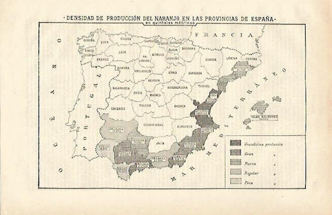LAMINA ESPASA 24668: Mapa de España de produccion de naranjo