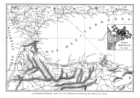 Poster DIN 4 numero 0360: Melilla: Mapa de las posesiones españolas del Norte de Africa