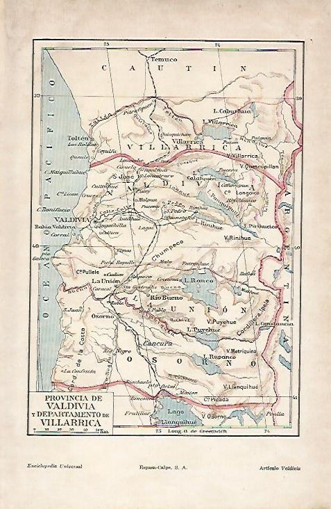 LAMINA ESPASA 4704: Mapa de la provincia de Valdivia y Villarrica Chile