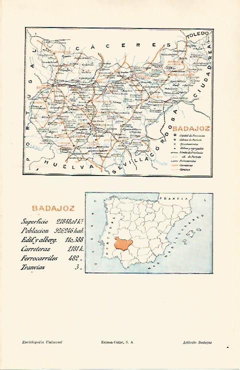LAMINA ESPASA 30712: Mapa de la provincia de Badajoz