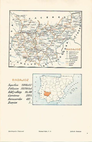 LAMINA ESPASA 30712: Mapa de la provincia de Badajoz