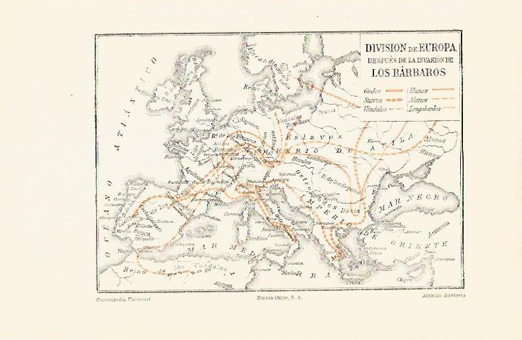 LAMINA ESPASA 30803: Mapa de la division de Europa despues de la invasion de los barbaros