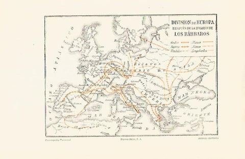 LAMINA ESPASA 30803: Mapa de la division de Europa despues de la invasion de los barbaros