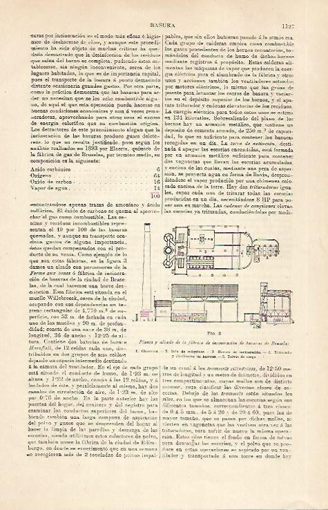 LAMINA ESPASA 30871: Planta y alzado de la Fabrica de Incineracion de Basuras de Bruselas