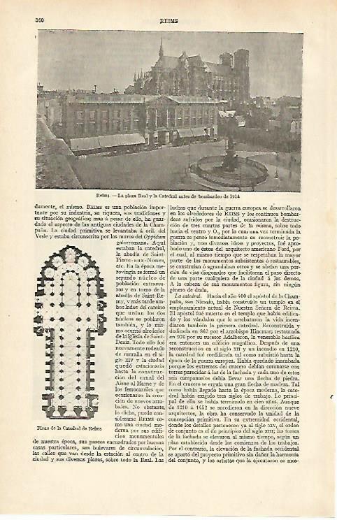 LAMINA ESPASA 30985: Plaza Real y Catedral en Reims antes de 1914