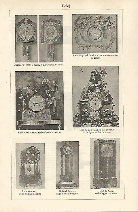 LAMINA ESPASA 31022: Modelos de relojes de mesa y de pared