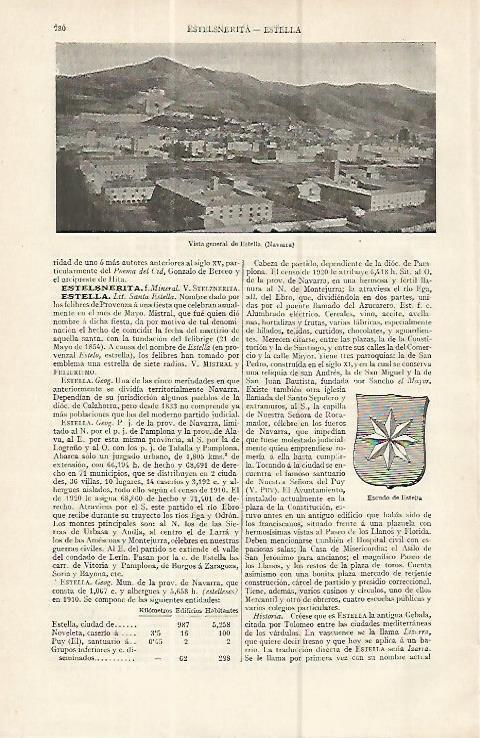 LAMINA ESPASA 16367: Vista general y escudo de Estella Navarra