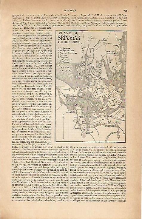 LAMINA ESPASA 7423: Plano de Srinagar y alrededores India