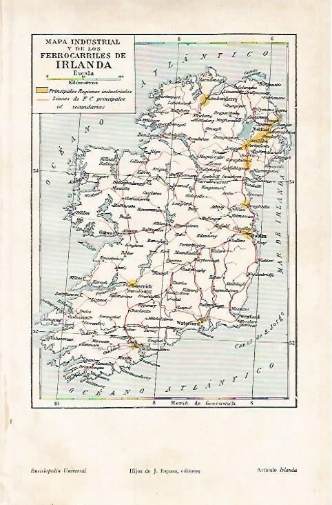 LAMINA ESPASA 7227: Mapa industrial y de ferrocarriles de Irlanda