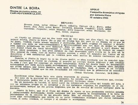 LAMINA 2486: Reparto y criticas de Dintre la Boira. Apolo 12 octubre 1905