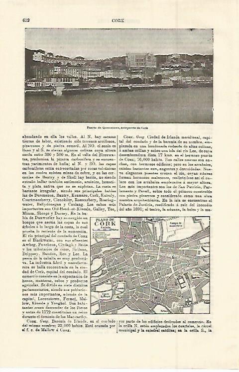 LAMINA ESPASA 14982: Puerto y plano de Cork Irlanda