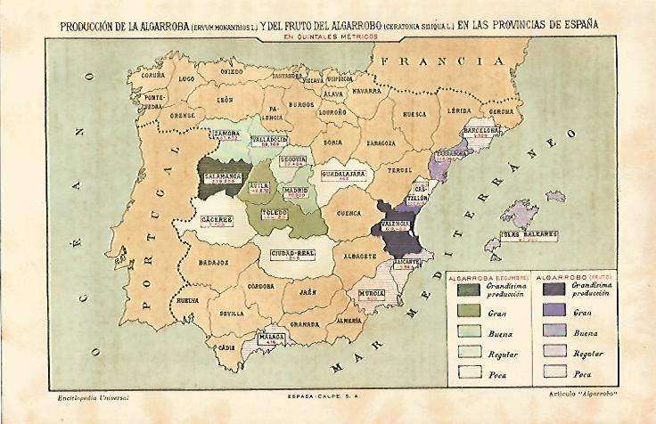 LAMINA ESPASA 11200: Mapa de España de la produccion de algarroba