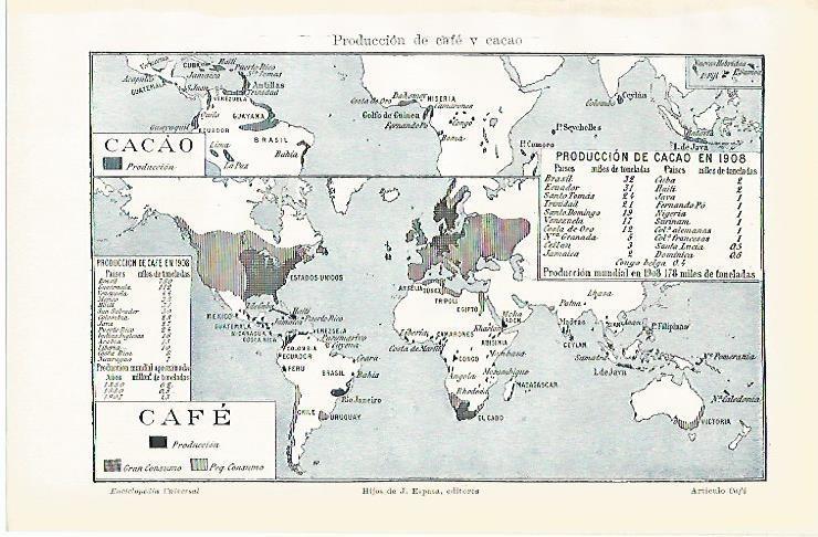 LAMINA De ESPASA 00144: Mapa de produccion de cafe y cacao