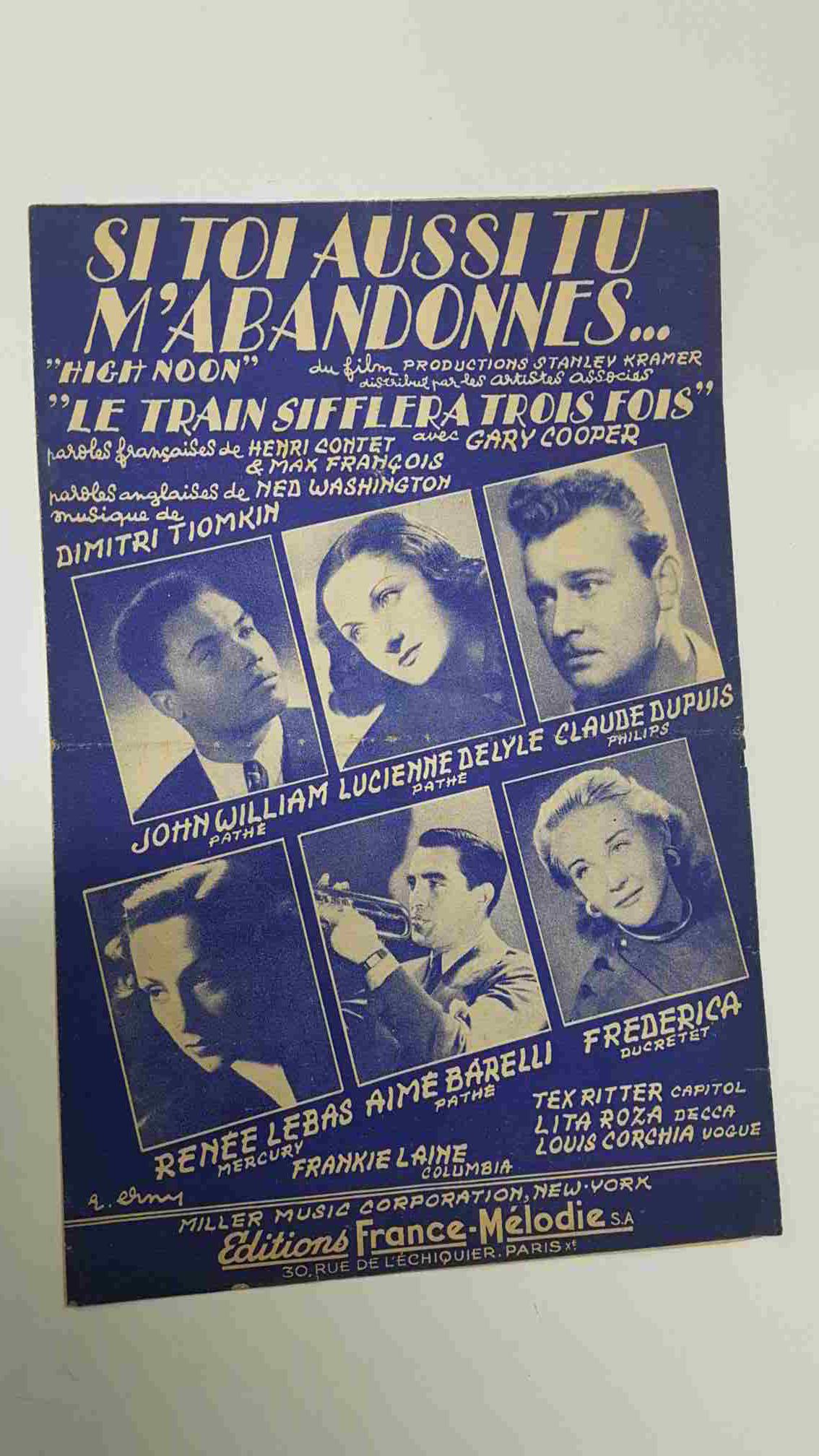 partitura: Si toi aussi tu mabandonnes (High Noon). Du film productions Stanley Kramer