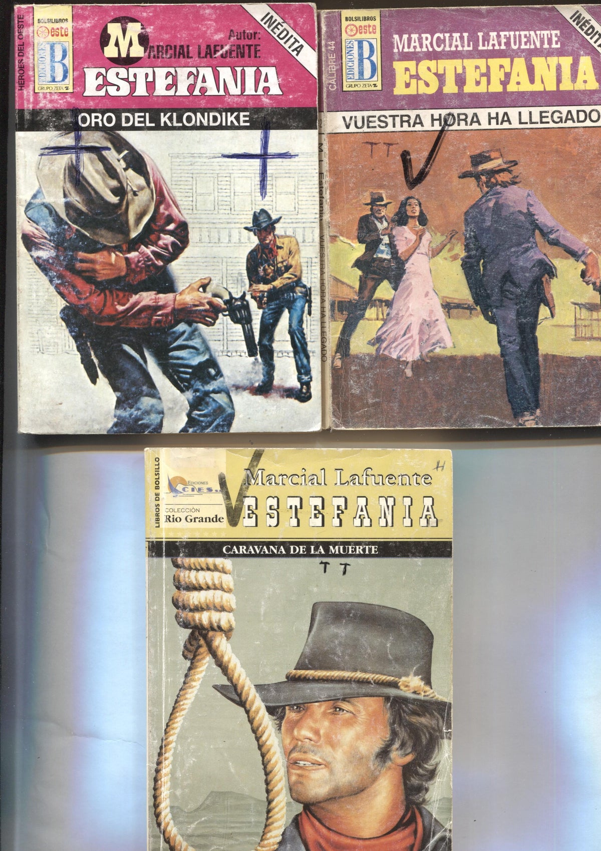 Lote numero 26: 3 novelas de Marcial lafuente Estefania: Vuestra hora ha llegado, Oro del Klondike, Caravana de la muerte