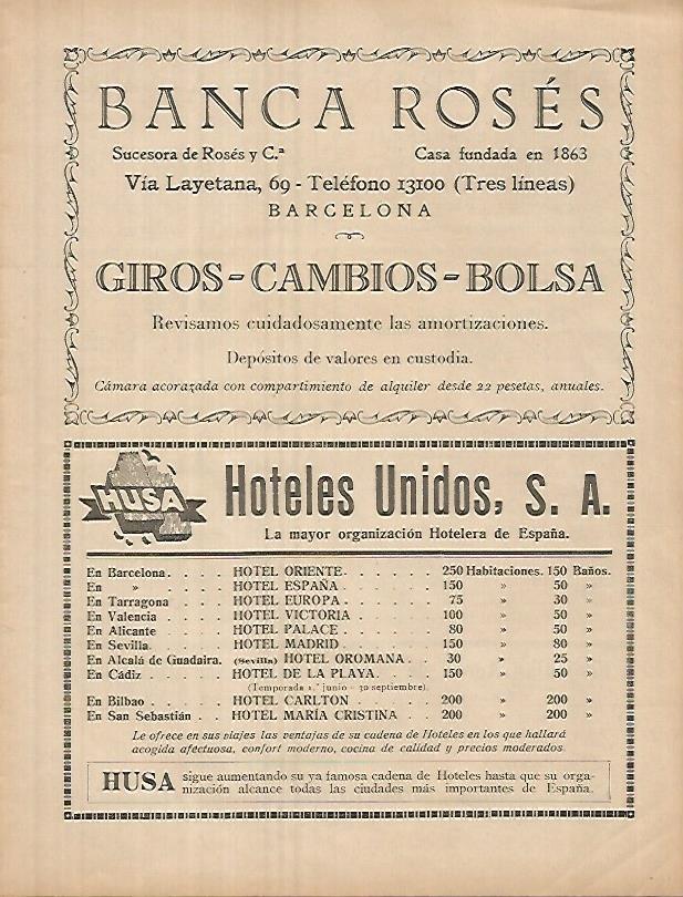 LAMINA 12294: Publicidad de Banca Roses y Hoteles Unidos