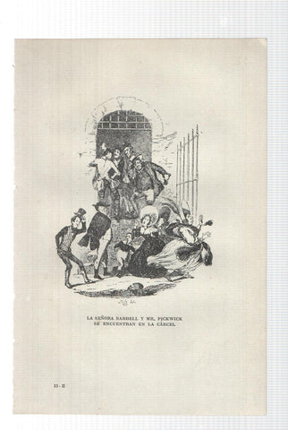 Lamina numero 12: la Sra Bardell y Mr. Pickwich se encuentran en la carcel (ilustracion de Seymour y Phiz, obra Club Pickwick)