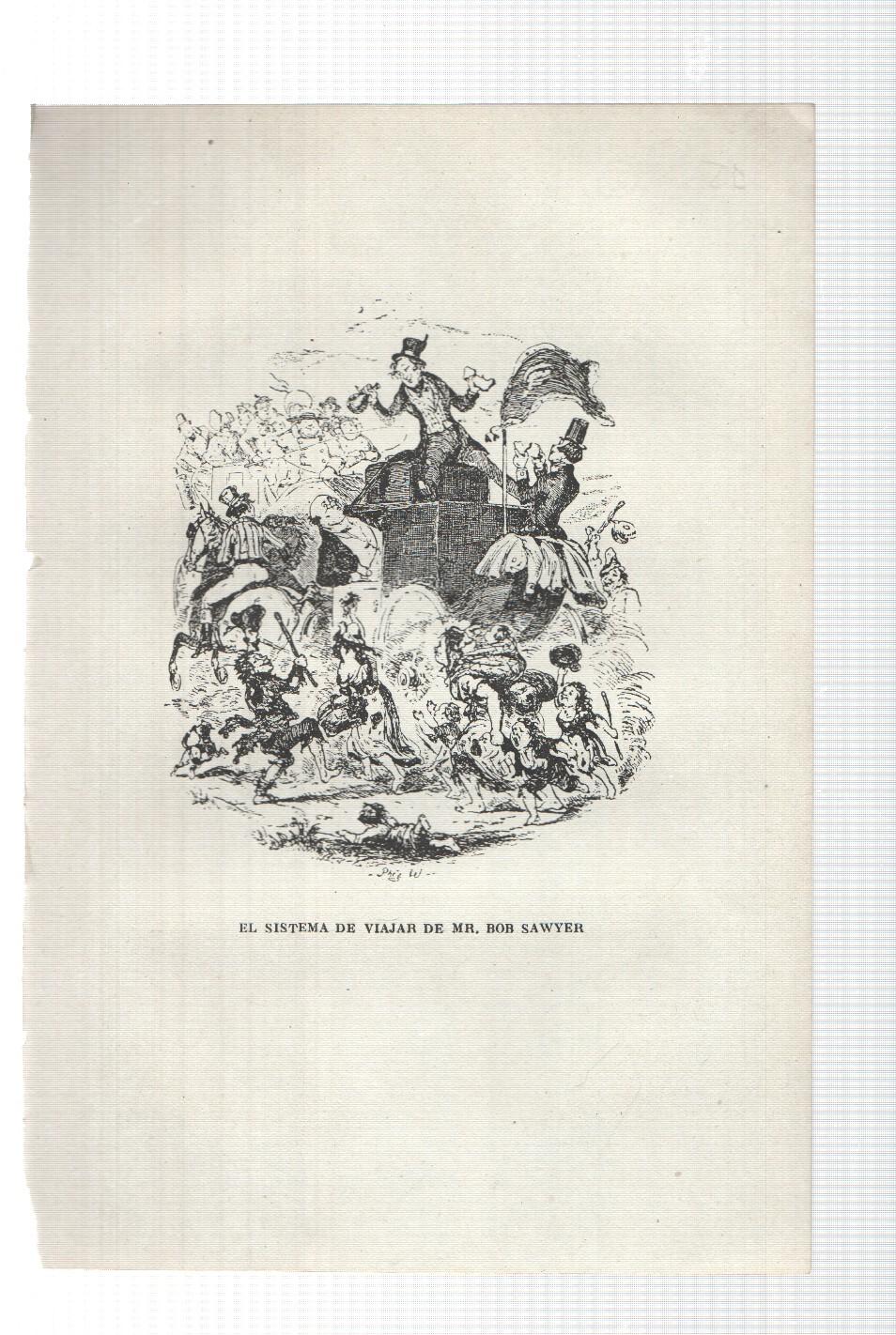 Lamina numero 15: El sistema de viajar de Mr. Bob Sawyer (ilustracion de Seymour y Phiz, obra Club Pickwick)