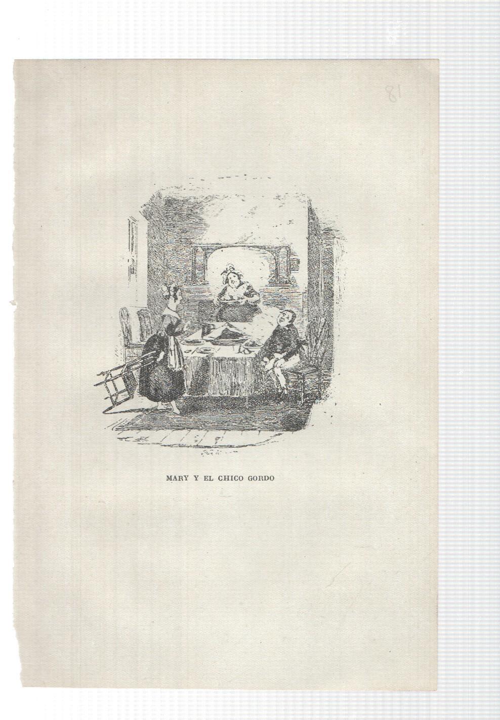 Lamina numero 18: Mary y el chico gordo (ilustracion de Seymour y Phiz, obra Club Pickwick)