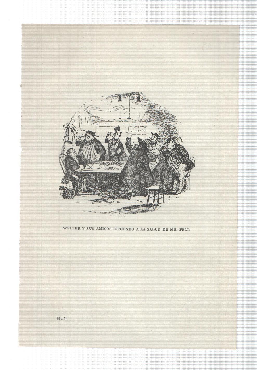 Lamina numero 19: Weller y sus amigos bebiendo a la salud de Mr. Pell  (ilustracion de Seymour y Phiz, obra Club Pickwick)