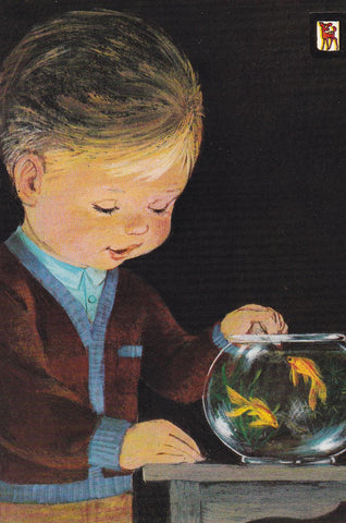 POSTAL B10659: ILUSTRACION NIÑO Y PECERA. SERIE L.