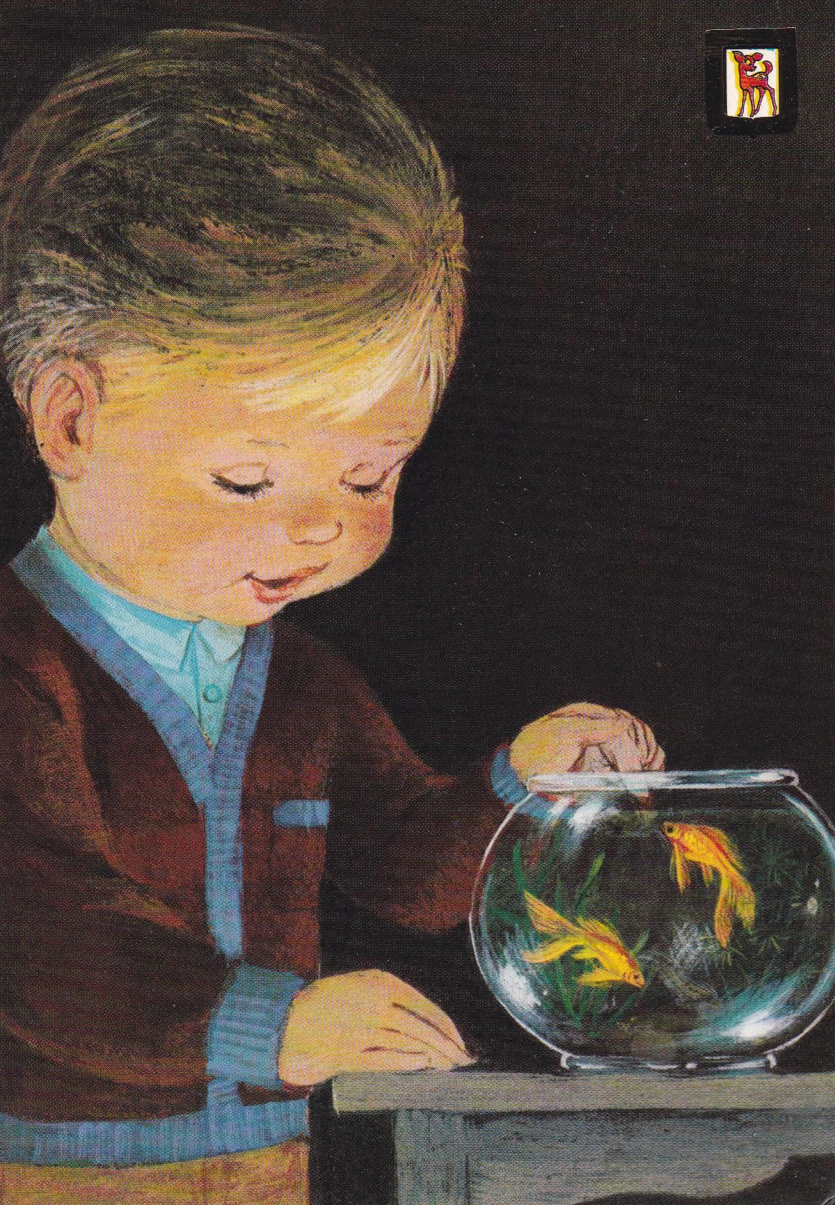 POSTAL B10662: ILUSTRACION NIÑO Y PECERA. SERIE L.