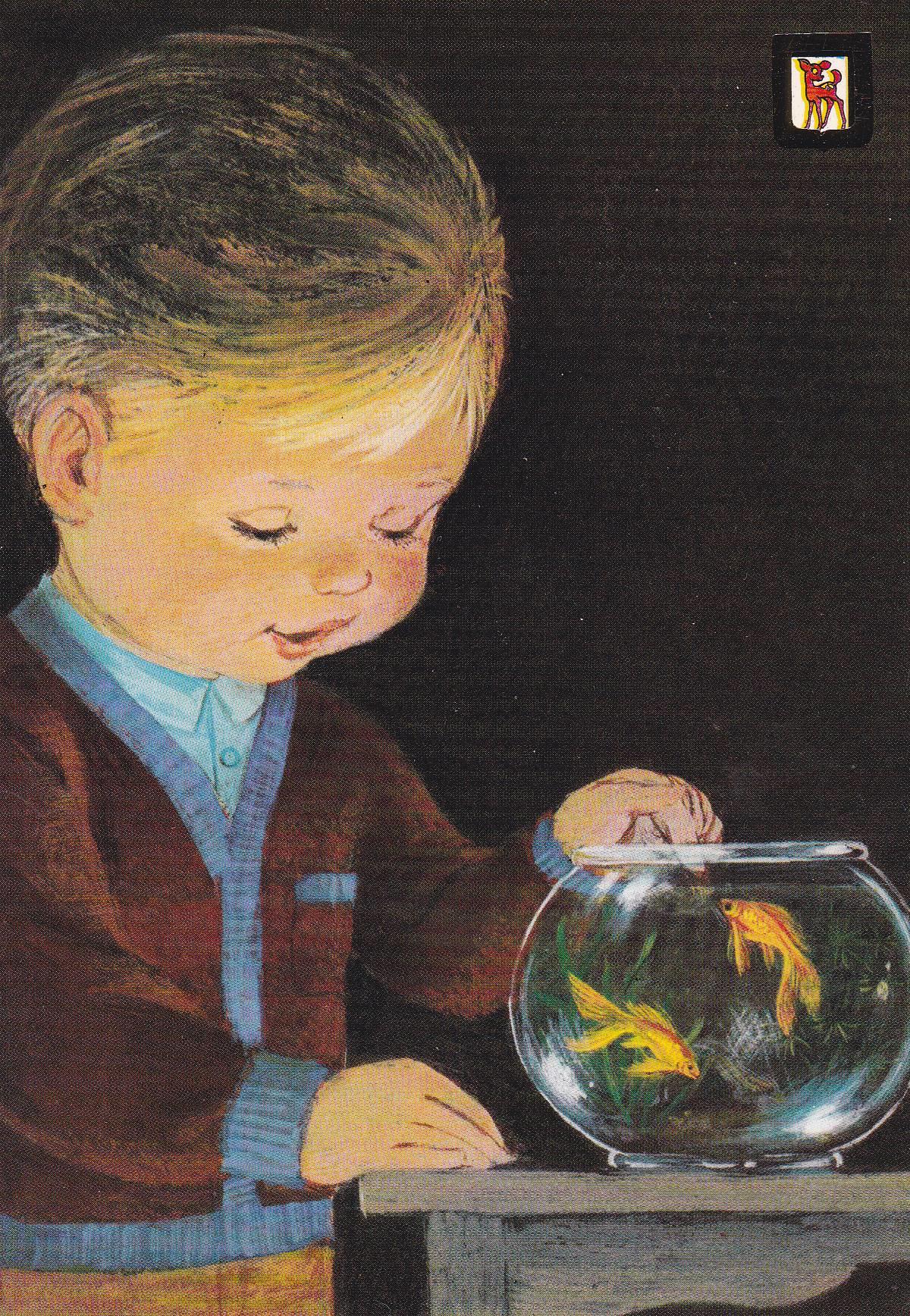 POSTAL B10746: ILUSTRACION NIÑO Y PECERA. SERIE L.