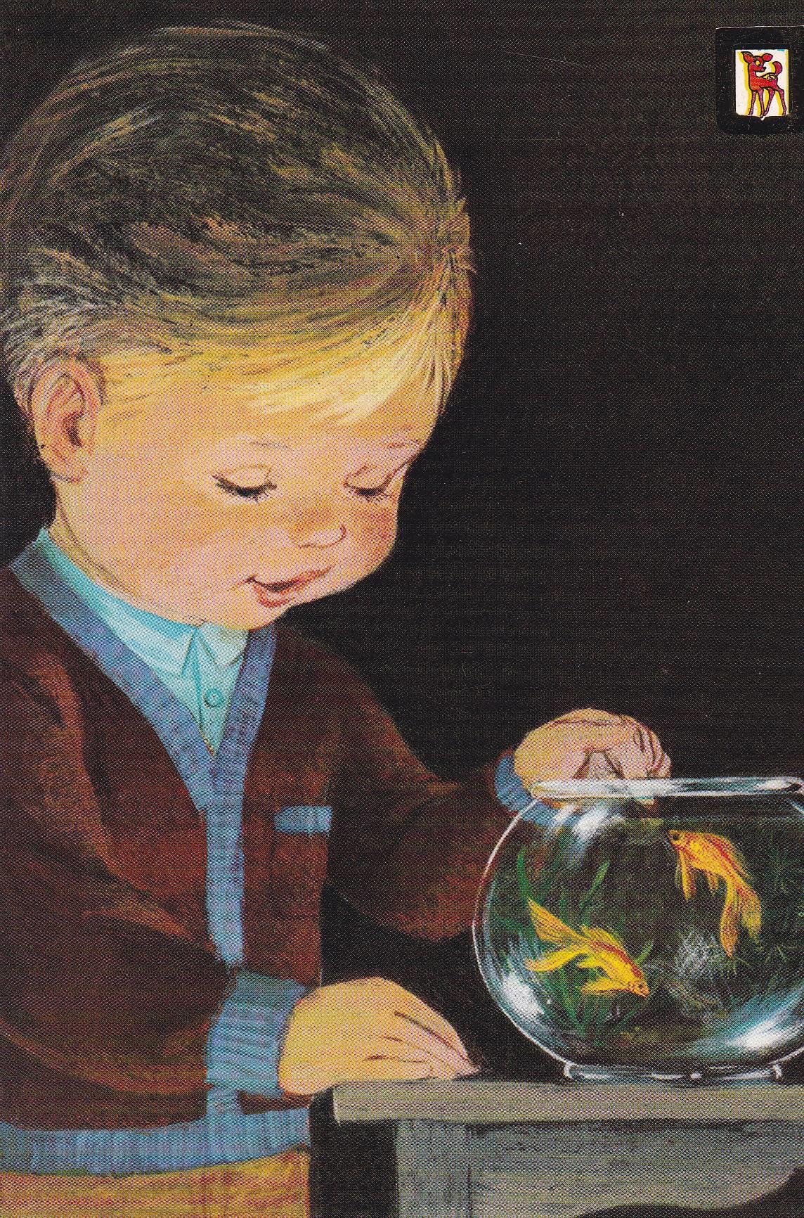 POSTAL B10768: ILUSTRACION NIÑO Y PECERA. SERIE L.