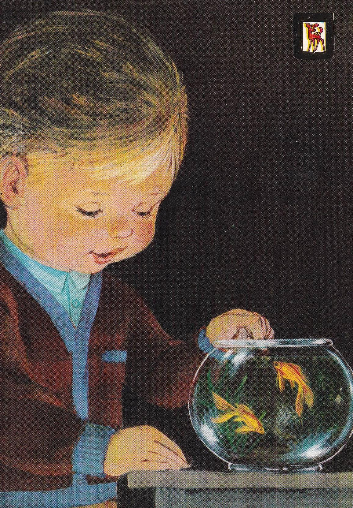 POSTAL B10769: ILUSTRACION NIÑO Y PECERA. SERIE L.