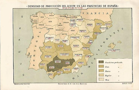 LAMINA ESPASA 31316: Mapa de España de produccion de aceite