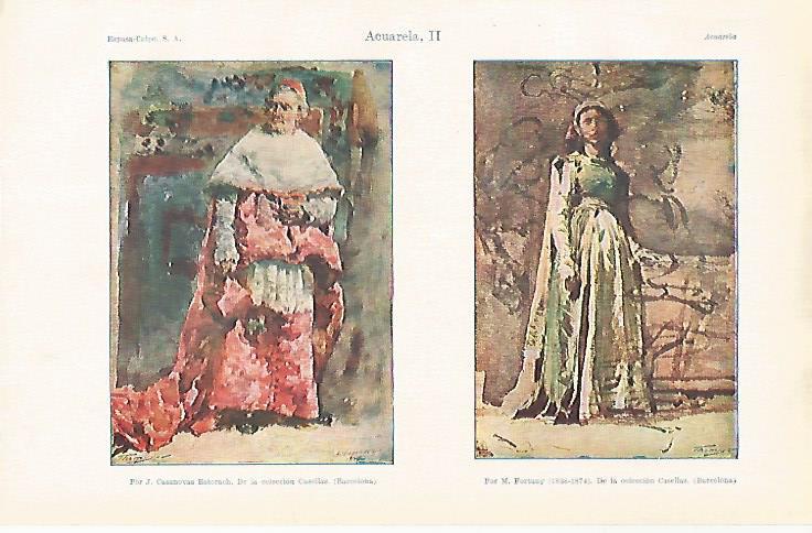 LAMINA ESPASA 31373: Acuarela por J. Casanovas y por M. Fortuny