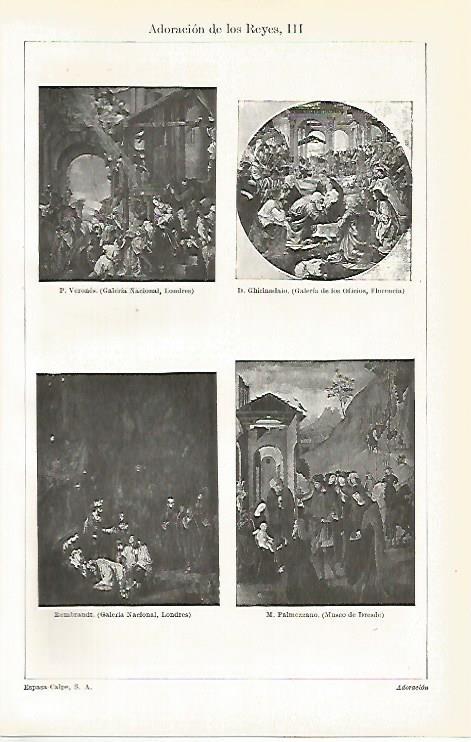 LAMINA ESPASA 31411: Adoracion de los Reyes por Verones Rembrandt Palmezzano y Ghirlandaio
