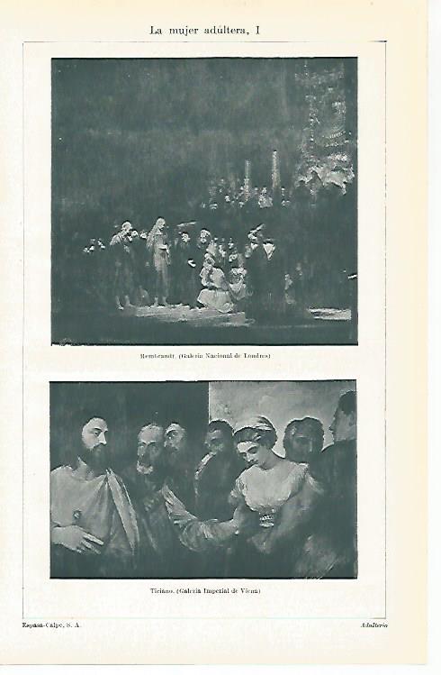 LAMINA ESPASA 31427: La mujer adultera por Rembrandt y Tiziano
