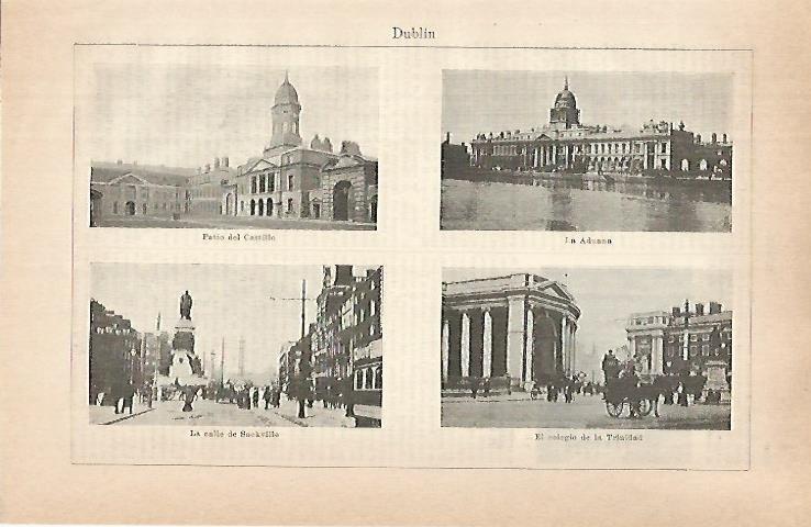 LAMINA ESPASA 31556: Aduana Colegio de la Trinidad y patio del Castillo de Dublin
