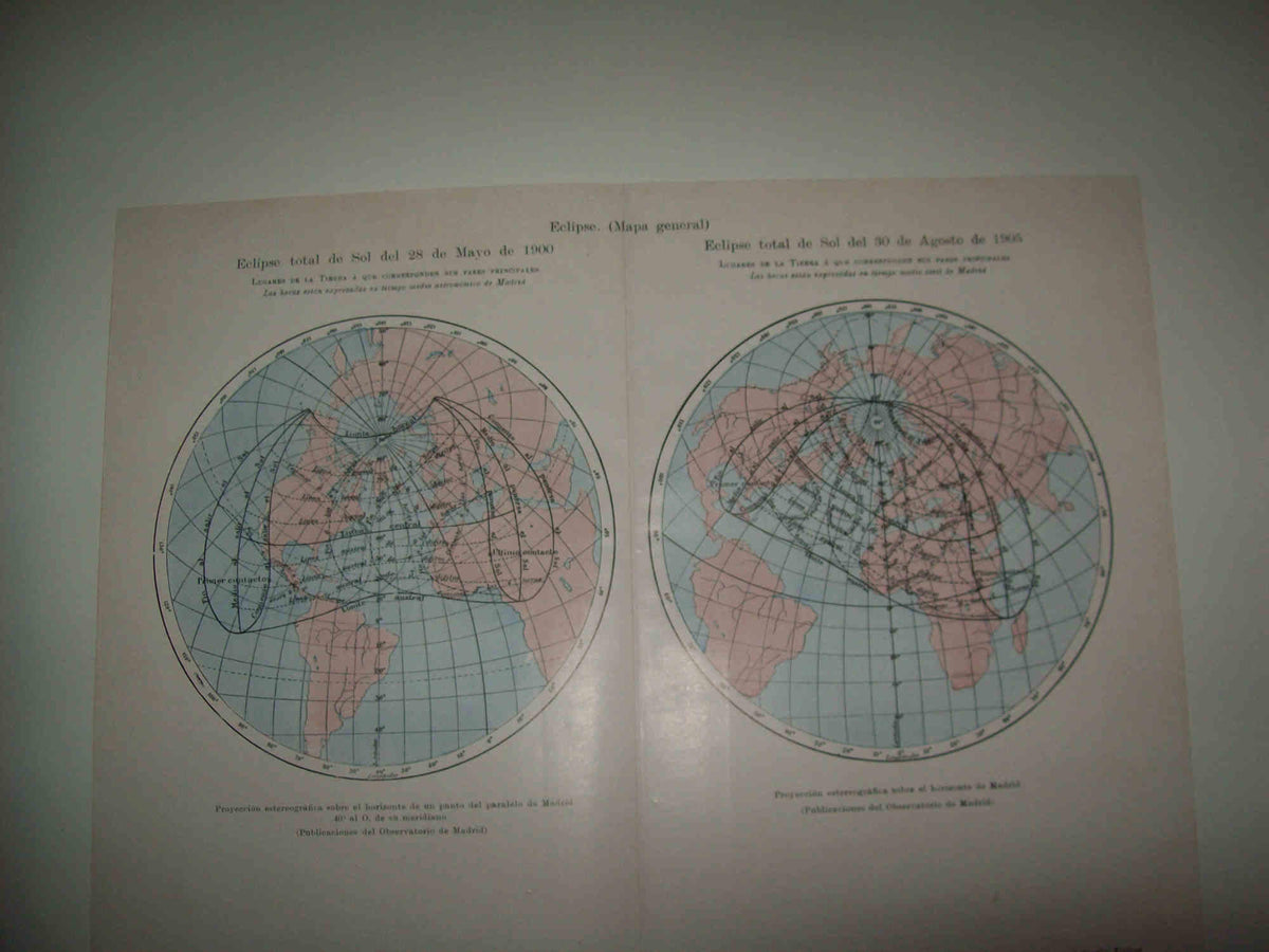 LAMINA ESPASA 31645: Mapa de los eclipses de 1900 y de 1905