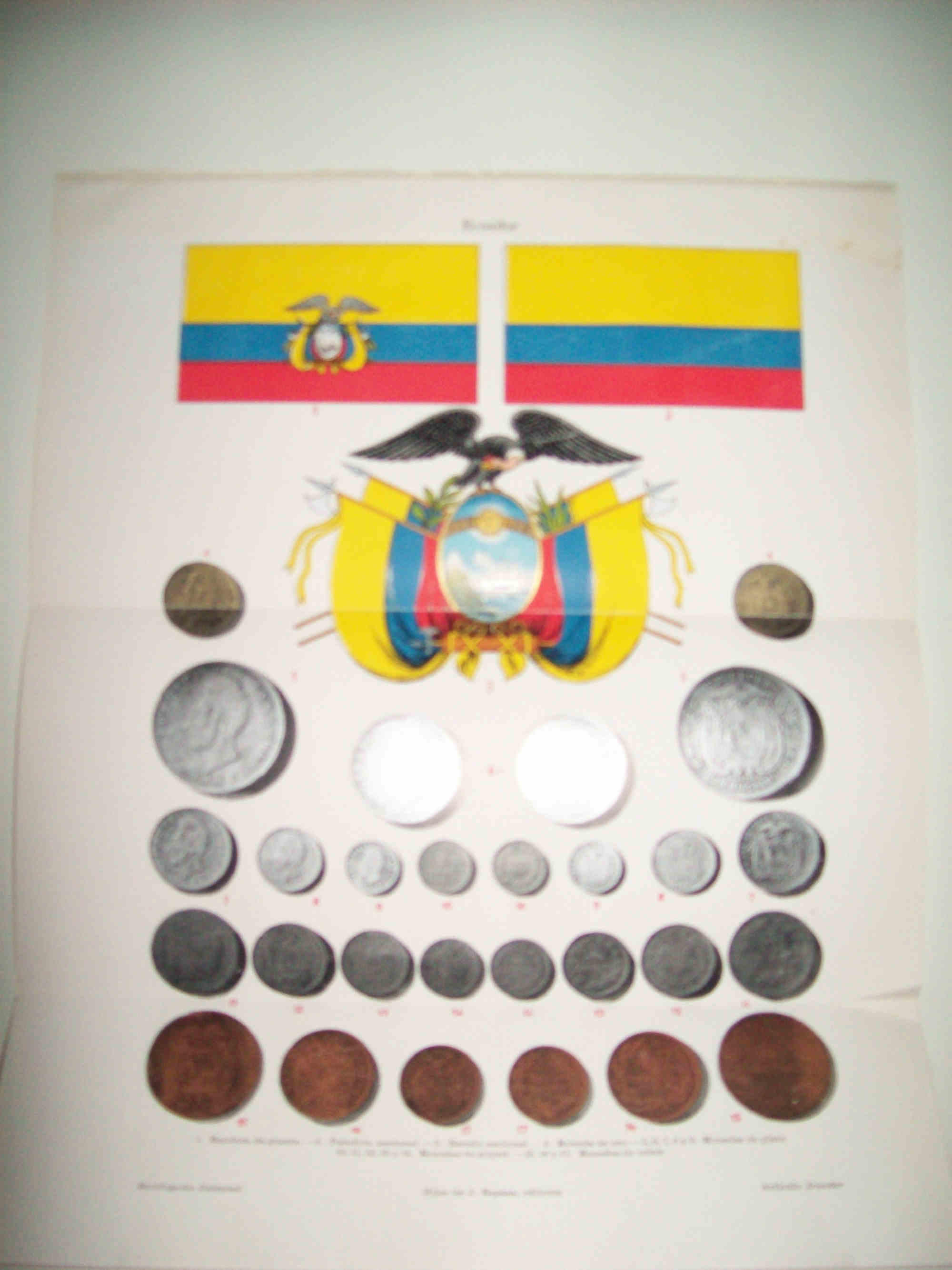 LAMINA ESPASA 31652: Bandera escudo y monedas de Ecuador