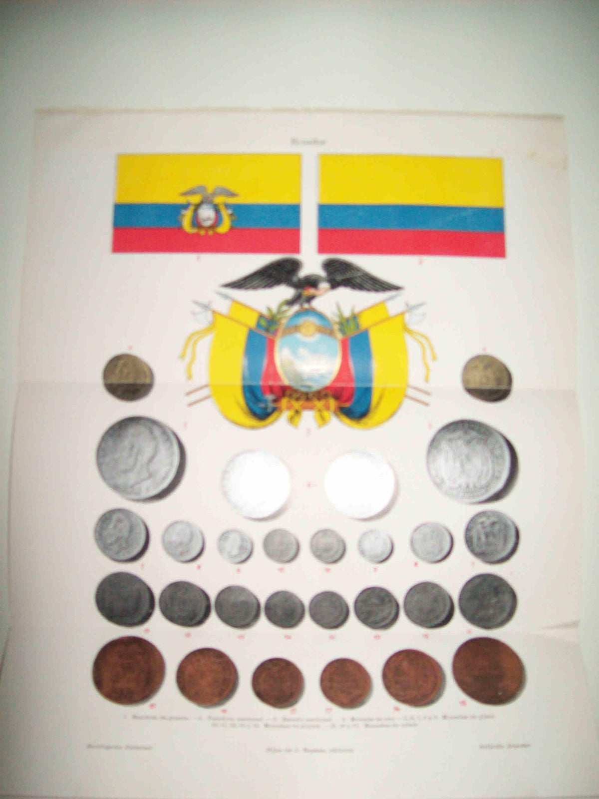 LAMINA ESPASA 31652: Bandera escudo y monedas de Ecuador