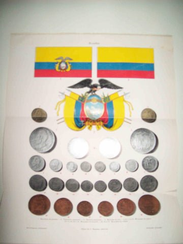 LAMINA ESPASA 31652: Bandera escudo y monedas de Ecuador