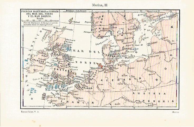 LAMINA ESPASA 31684: Mapa de las fuerzas maritimas del Mar del Norte y Blatico