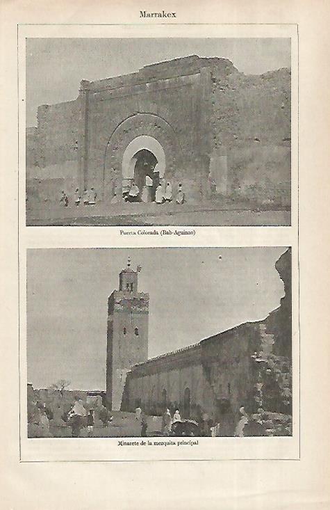 LAMINA ESPASA 31701: Puerta Colorada y Minarete en Marraquesh Marruecos