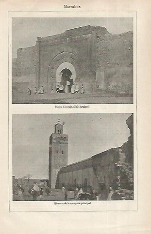 LAMINA ESPASA 31701: Puerta Colorada y Minarete en Marraquesh Marruecos